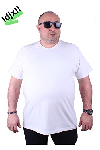 Starbattal Men's Large Size Lycra Basic V-Neck T-Shirt 11170 White
