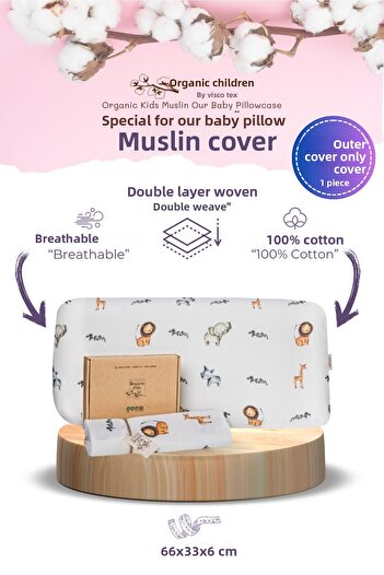 VİSCOTEX Double Layer Muslin Children's Pillowcase, 100% Organic Cotton, 66x36x6 cm