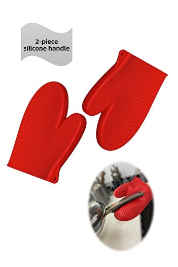 HOLLYHOME 2 Pieces Silicone Gloves, Fireproof Oven, Pot Holder, Drop Pattern, Red