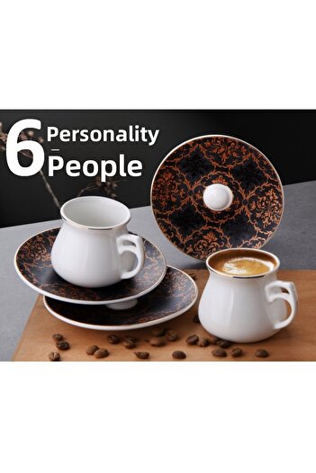 Pinkev 6 Person Porcelain Gold Gilt Turkish Coffee Coffee Cup Set