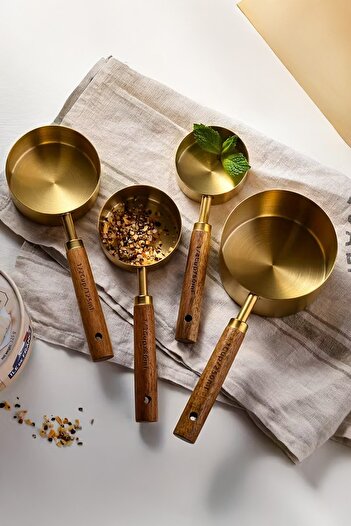 Perotti Vasto 4-Piece Large Size Stainless Steel Measuring Spoon Set with Wooden Handle Measuring Cup 60ml 80ml 125ml 250ml