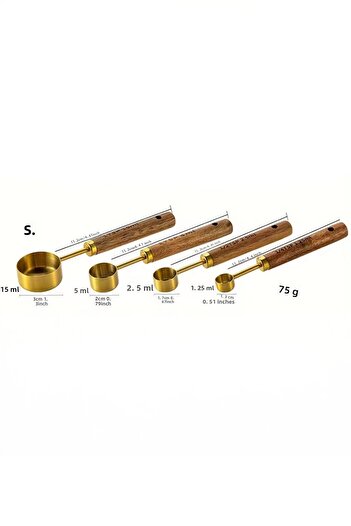 Perotti Vasto 4-Piece Stainless Steel Measuring Spoon Set with Wooden Handle Measuring Cup 1.25ml 2.5ml 5ml 15ml