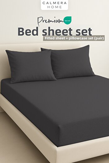 Calmera 100% Cotton Combed Elastic Fitted Sheet Set + 2 Pillowcases |   Double/King Size - Anthracite