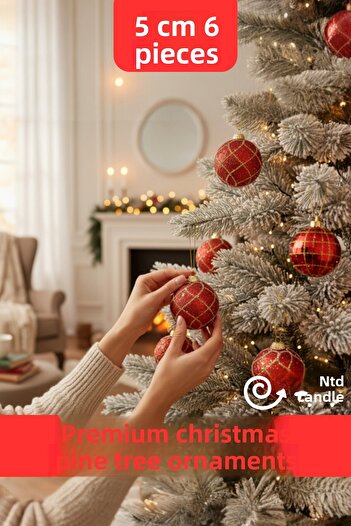 CANVELA Christmas Pine Tree 6 Pieces Luxury Ball Ornaments Red Striped New Year Christmas Pine Tree Balls