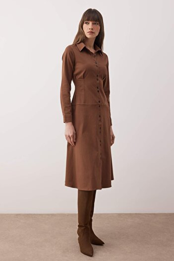 Trendyol Collection Brown Button and Hem Ruffle Detail Midi Woven Shirt Dress Twoaw26El00264