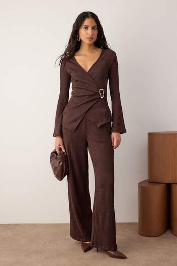 Trendyol Collection Brown Envelope Fitted/Bodycon Accessory Detailed Textured Knitted Bottom - Top Set Twoaw26Au00117