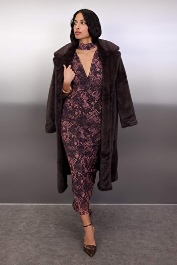 Trendyol Collection Multi-Colored Animal Scarf Knitted Tulle Maxi Lined Stylish/Evening Dress Tpraw26El00116