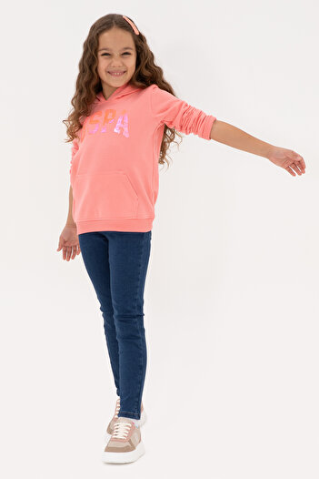 U.S. Polo Assn. Girl's Neon Pink Sequin Embroidered Hooded Basic Sweatshirt 50314312-Vr105