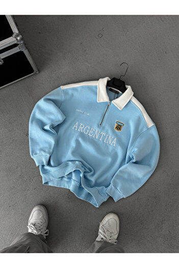 BYBASICMAN Açık Mavi Argentina Nakışlı Oversize Sweatshirt ES-71-80