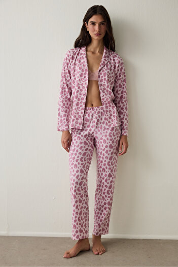 Penti Pembe Leopar Desenli Uzun Kollu Düğmeli Gömlek Yaka Pamuklu Pijama Takımı