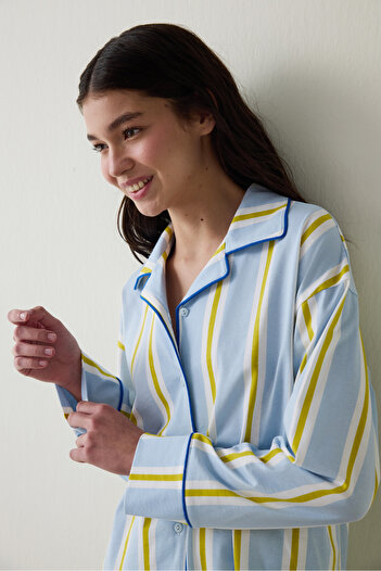 Penti Açık Mavi Çizgili Gömlek Yaka Pamuklu Uzun Kollu Pijama Takımı- Inspired by Flora