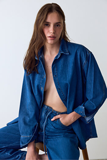 Penti Koyu Denim Relax Oversize Uzun Kollu Gömlek