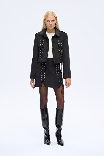 Quzu Lace-Up Velvet Corduroy Mini Skirt Black
