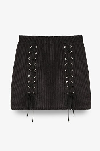 Quzu Lace-Up Velvet Corduroy Mini Skirt Black