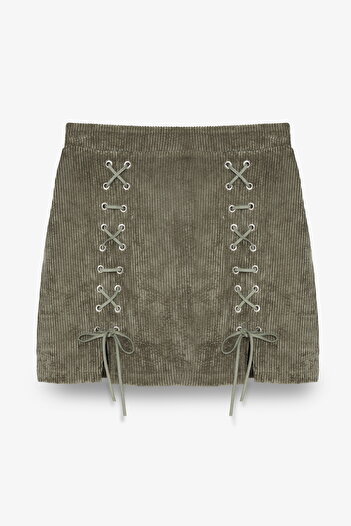 Quzu Lace-Up Velvet Corduroy Mini Skirt Khaki