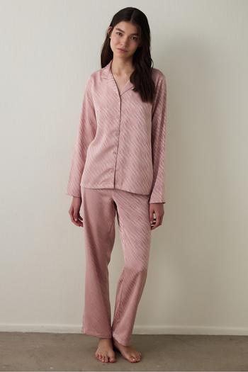 Penti Gül Kurusu Emma Gömlek Yaka Uzun Kollu Saten Pijama Takımı