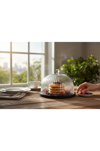 ANJEAHOME Barletta Cam Kapaklı Akasya Tabanlı Kek & Pasta Fanusu - Naturel Sunum ve Saklama