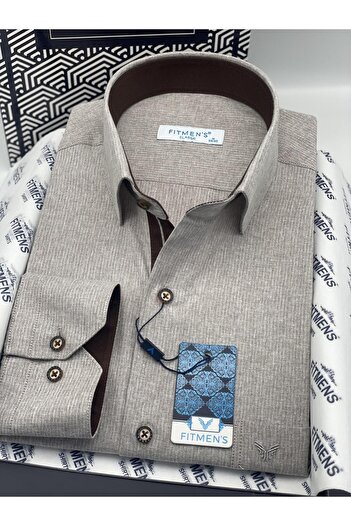 Fitmens Klasik Uzun Kol Keten Cotton Hediye Kutulu Erkek Gömlek FS-001261 - Bej