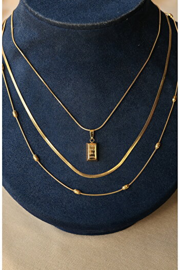 FİRST JEWELRY 3'lü Kombin Külçe Model İtalyan Dorica Zincir Çelik Kolye
