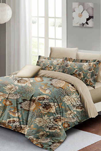 PerlaSera Set de lenjerie de pat cu design personalizat 3D - satin de bumbac țesut dens, flori Mistique