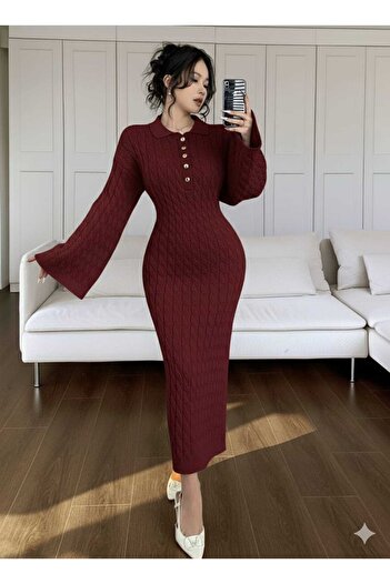SAYZEN GÖMLEK YAKA DÜĞMELİ SAÇ ÖRGÜLÜ TRİKO ELBİSE