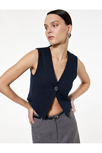 Koton Slim Fit V-Neck Metal Buttoned Asymmetrical Cut Vest