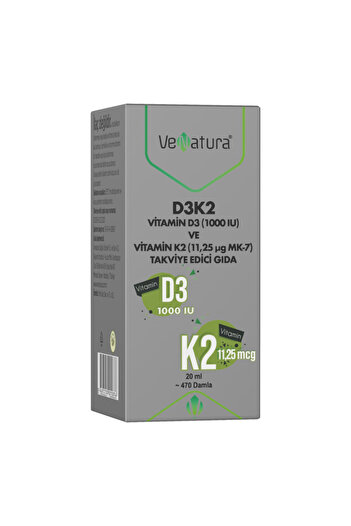 VeNatura D3K2 Vitamin D3 1000 IU ve Vitamin K2 11,25 mcg MK-7 Takviye Edici Gıda 20 ml - (SKT: 11/20