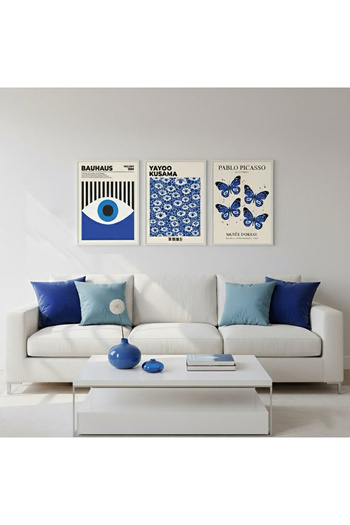 Linacci Set of 3 White Metal Frame Blue Butterfly Eye Glass Paintings