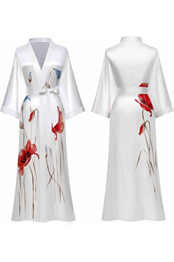 Generic VINMASS Women’s Comfy Ice Silky Robe Long Sleeves Floral Printed Sleepwear Plus Size - White