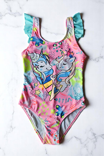 embody Girls' one-piece swimsuit, unicorn print, pink/blue