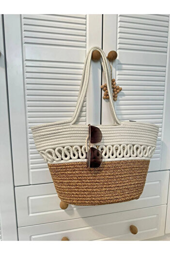 Halımax Chest Natural Wicker Jute Hand Knitted Woven White Women's Beach Shoulder Bag with Strap Brown White Jute Bag