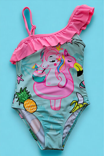 embody Girls' one-piece swimsuit, unicorn print, pink/blue