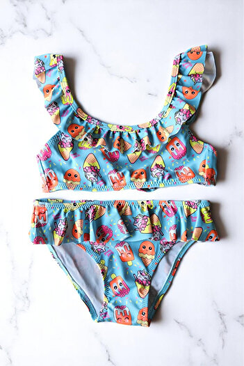 embody Girls' 2-piece swimsuit, ruffled, icecream print, blue