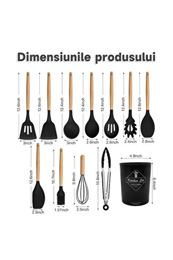 ZUNSEAT 12-piece Kitchen Utensil Set — Wood & Food-Grade Silicone, Heat-Resistant, Black