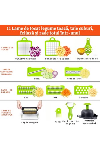 OEM Multifunctional grater 14 in 1, with 8 stainless steel blades, container included, gray