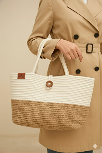 Halımax Chest Natural Wicker Jute Hand Knitted Woven White Women's Beach Shoulder Bag with Strap Brown White Jute Bag