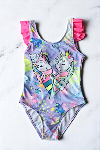 embody Girls' one-piece swimsuit, unicorn print, purple/pink