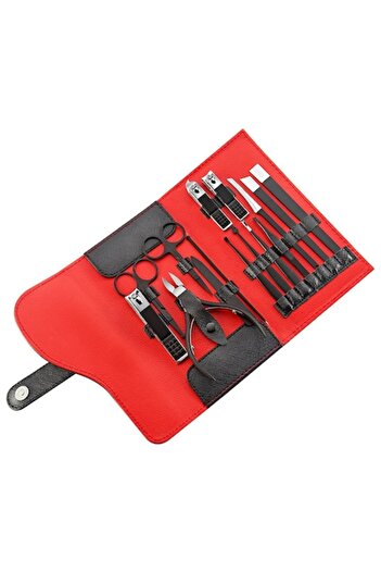 OEM 15-piece Stainless Steel Manicure and Pedicure Kit, black red