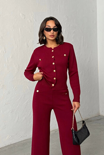 Lusin Women's Burgundy Cardigan Pants Top and Bottom Two-Piece Knitwear Set