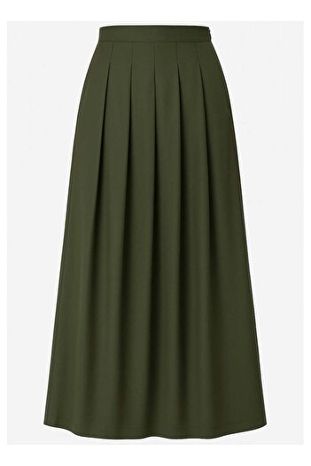 UD Long Pleated School Skirt for Girls, Olive Twill, Pockets & Side Zipper, XL