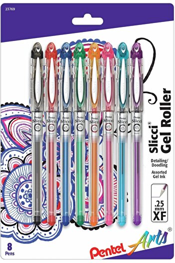 Pentel Slicci Ultra‑Smooth Gel Pen 0.25mm, Assorted Ink, Pack of 8 (BG202BP8M)