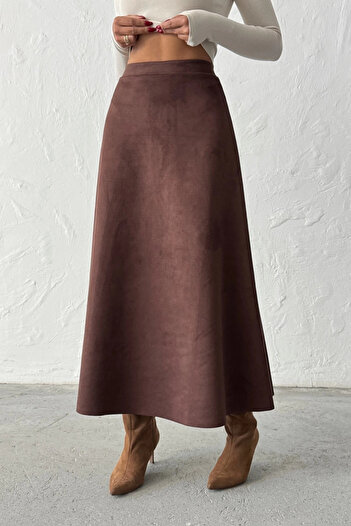Lusin Women's Brown Midi Length Suede Skirt