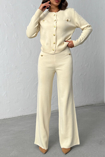 Lusin Women's Cream Cardigan Pants Bottom Top Two-Piece Knitwear Set