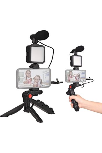 Andoer Mobile Vlog Accessory Kit: Small LED Light, Cardioid Microphone, Expandable Phone Clamp & Tri