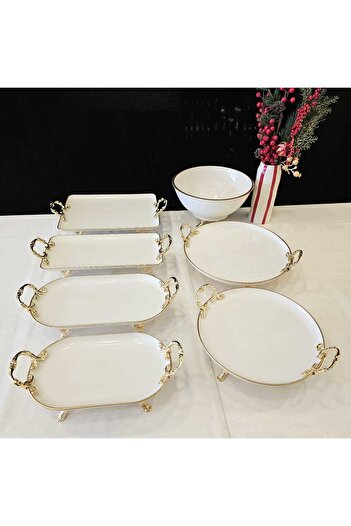MaviDamla Our 7-Piece Cast-Iron Footed Porcelain Presentation Set with Gilt Details, Gold