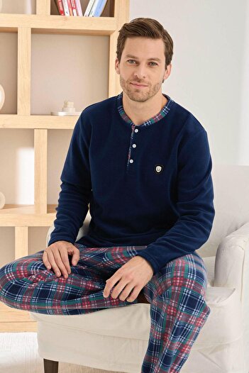 Pijamoni Men's Button Collar Winter Fleece Pajama Set 6100/6,1 - 1 Piece