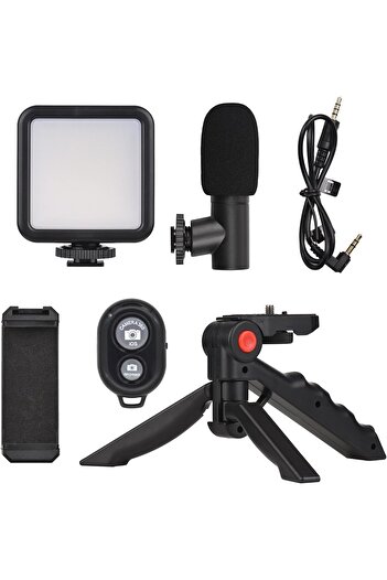 Andoer Mobile Vlog Accessory Kit: Small LED Light, Cardioid Microphone, Expandable Phone Clamp & Tri