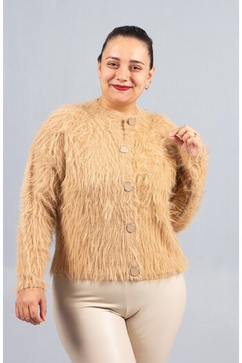 Truva XXL Camel Bearded Knitwear Cardigan – Soft Textured Women's Cardigan
