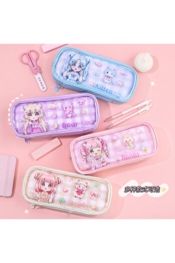 synshop Kawaii Anime Blue Cat Girl Θήκη μολυβιού μεγάλου μεγέθους με πολλά διαμερίσματα Τσάντα μακιγιάζ