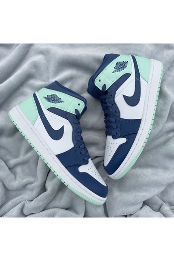 JORDAN Sports Shoes 1 Mid Mystic Navy-Mint Turquoise Green